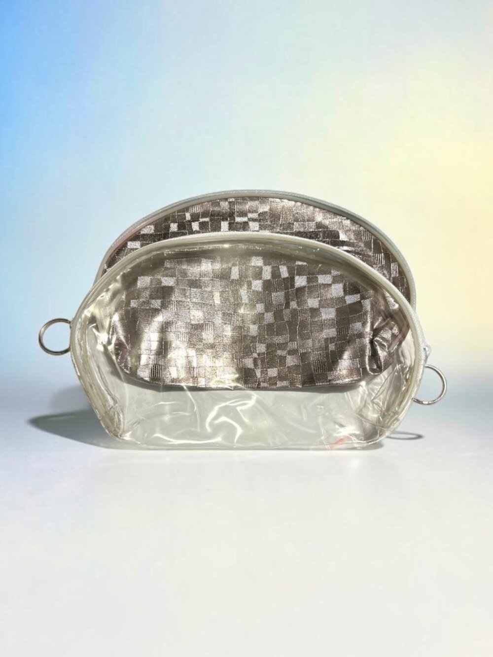 Gray Metallic Look & Clear 2 Piece Large Zipper Cosmetic Bag Set